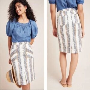 Anthropologie Button Front Quincy Eyelet Embroidered  Pencil Skirt Size 8P